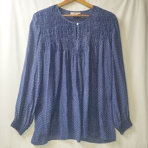 Rungolee Smocked Silk Blouse Women's Size XL Blue Pattern